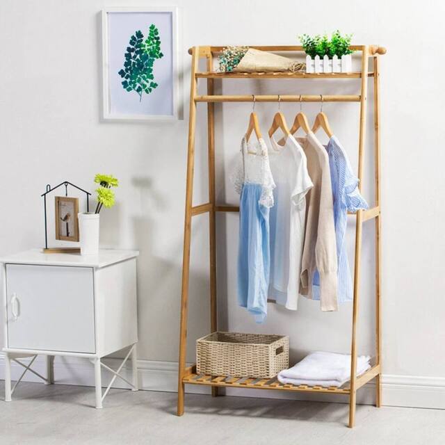 KORVIXA 100 cm Bamboo Wood Clothes Rail Rack in Brown - Size: 500mm - image 1