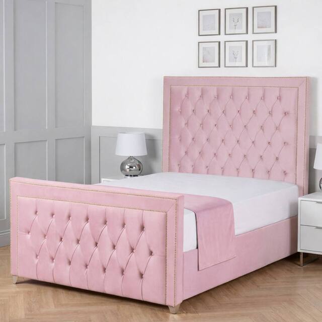 Living Comfort Bedz Metro Plush Velvet Upholstered Bed Slatted Base with 48Inch Headboard in Pink - Size: Small Double - image 1