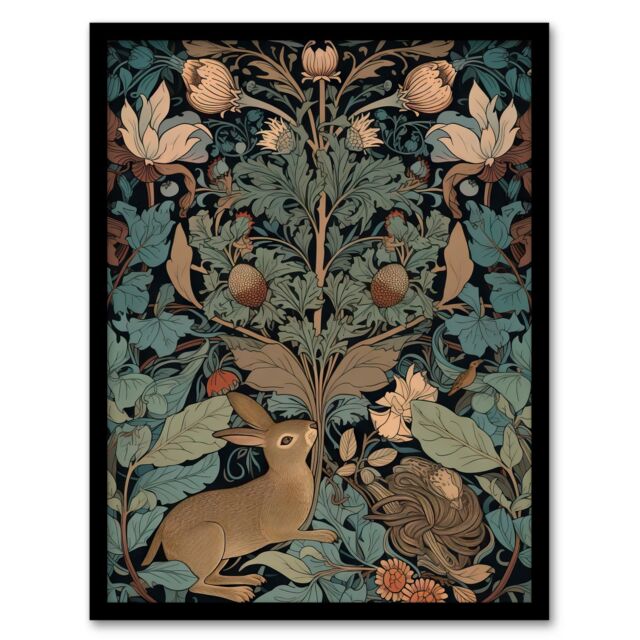 Artery8 Wall Art Print Rabbit In Abstract Ornate Shrubs Art Nouveau Painting Teal Blue Tan Cute Woodland Creature & Autumn Forest Plants Art Framed - image 1