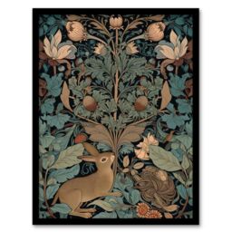 Artery8 Wall Art Print Rabbit In Abstract Ornate Shrubs Art Nouveau Painting Teal Blue Tan Cute Woodland Creature & Autumn Forest Plants Art Framed - thumbnail 1