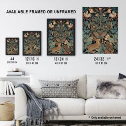 Artery8 Wall Art Print Rabbit In Abstract Ornate Shrubs Art Nouveau Painting Teal Blue Tan Cute Woodland Creature & Autumn Forest Plants Art Framed - thumbnail 3