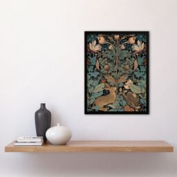 Artery8 Wall Art Print Rabbit In Abstract Ornate Shrubs Art Nouveau Painting Teal Blue Tan Cute Woodland Creature & Autumn Forest Plants Art Framed - thumbnail 4