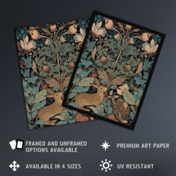 Artery8 Wall Art Print Rabbit In Abstract Ornate Shrubs Art Nouveau Painting Teal Blue Tan Cute Woodland Creature & Autumn Forest Plants Art Framed - thumbnail 2