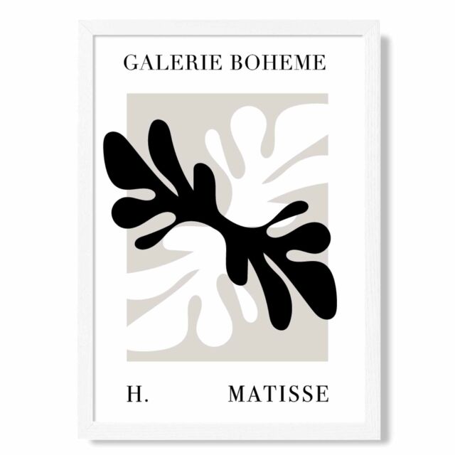 ARTZE Matisse Floral Cutout Beige & Black Bohemian Framed Print SIZE: A3 with White Frame - Size: A4 - image 1