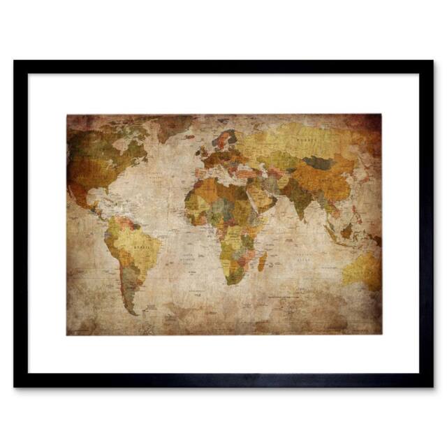 "Artery8 Map Globe World Atlas Antique Style Modern Layout Framed Art Print in Brown - Size: W12"" x H16""" - image 1