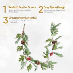Shatchi Christmas Garland 180CM Red Berry & Pinecone Wreath for Xmas Decor in Green - Size: 180 cm - thumbnail 6