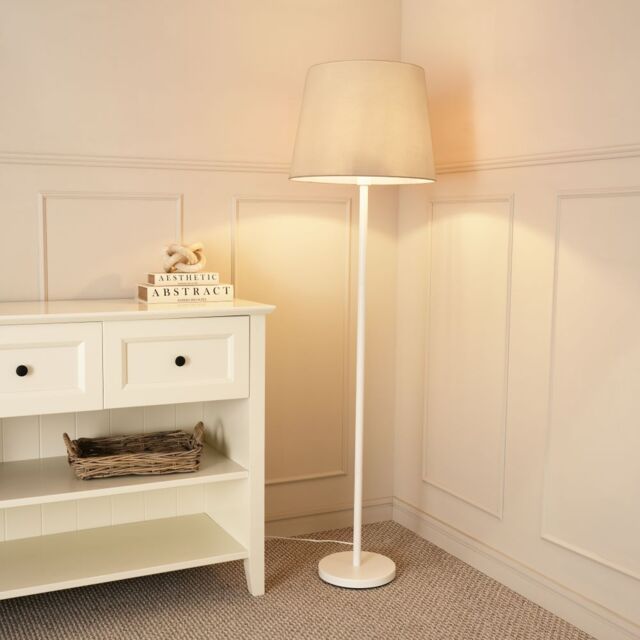 ValueLights Charlie White Single Stem Floor Lamp with Fabric Tapered Shade & LED Bulb in Beige