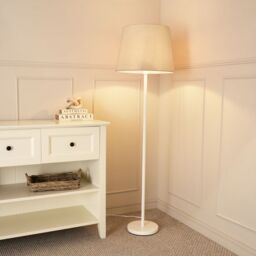 ValueLights Charlie White Single Stem Floor Lamp with Fabric Tapered Shade & LED Bulb in Beige - thumbnail 1