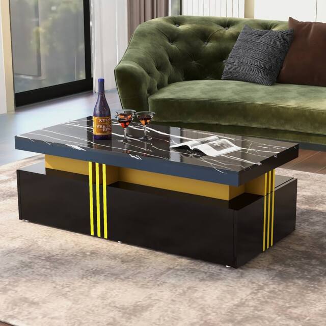 Merax 100cm Rectangular Sofa Centre Table with Marble-Effect Top & 2 Drawers in Black - image 1
