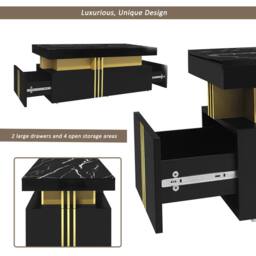 Merax 100cm Rectangular Sofa Centre Table with Marble-Effect Top & 2 Drawers in Black - thumbnail 4