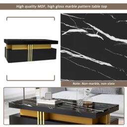 Merax 100cm Rectangular Sofa Centre Table with Marble-Effect Top & 2 Drawers in Black - thumbnail 5
