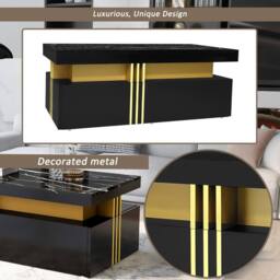 Merax 100cm Rectangular Sofa Centre Table with Marble-Effect Top & 2 Drawers in Black - thumbnail 6