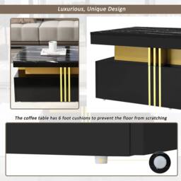 Merax 100cm Rectangular Sofa Centre Table with Marble-Effect Top & 2 Drawers in Black - thumbnail 3