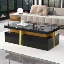 Merax 100cm Rectangular Sofa Centre Table with Marble-Effect Top & 2 Drawers in Black - thumbnail 9