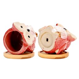 simpa 6PC Cartoon Owl Ceramic Plant Pots with Bamboo Base - thumbnail 6