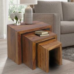 Jaipur Furniture Ltd Cube Nest Tables - Sheesham Wood - L30 x W50 x H45 cm - Honey Dark Finish in Brown - thumbnail 2