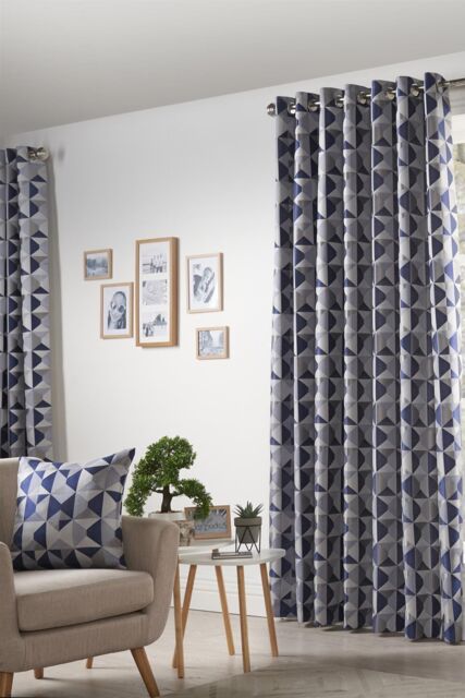Alan Symonds Skandi Geometric Jacquard Fully Lined Eyelet Curtains in Navy - Size: 117 cm width x 183 cm drop - image 1
