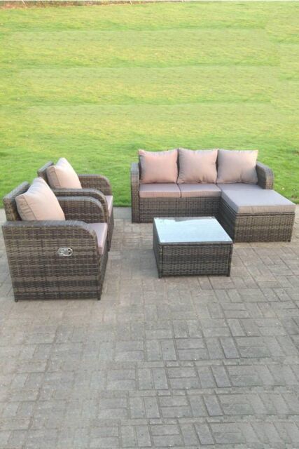 Fimous Wicker Rattan Garden Furniture Set Lounge Sofa Reclining Chair Outdoor Big Footstool 6 Seater Square Table in Dark Grey - image 1