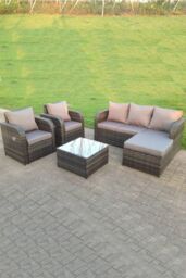 Fimous Wicker Rattan Garden Furniture Set Lounge Sofa Reclining Chair Outdoor Big Footstool 6 Seater Square Table in Dark Grey - thumbnail 2