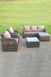 Fimous Wicker Rattan Garden Furniture Set Lounge Sofa Reclining Chair Outdoor Big Footstool 6 Seater Square Table in Dark Grey - thumbnail 1