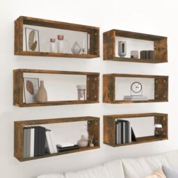 Berkfield Home Wall Cube Shelves 6 pcs Smoked Oak 60x15x23 cm Engineered Wood in Brown - Size: 60 x 15 x 23 cm - thumbnail 1