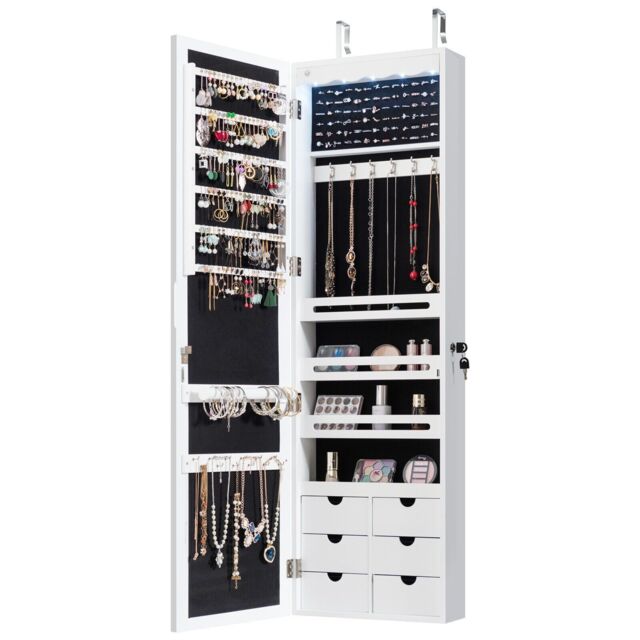 Costway Jewelry Cabinet 5 LED Lights Wall/Door Mounted Jewelry Armoire w/ Mirror in White - image 1