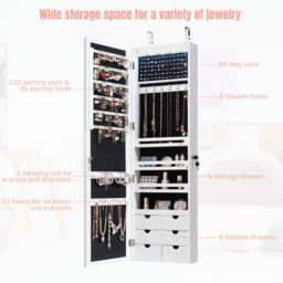 Costway Jewelry Cabinet 5 LED Lights Wall/Door Mounted Jewelry Armoire w/ Mirror in White - thumbnail 3