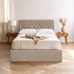 Orsina Classic Mink Velvet Double Ottoman Bed, Elegant Button Tufted in Brown - thumbnail 1