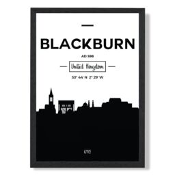 ARTZE Blackburn Black & White City Skyline Framed Print SIZE: A2 with Black Frame - Size: A4 - thumbnail 1