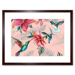 "Artery8 Wall Art Print Hummingbirds & Lilies Art Framed 9x7 inch in Brown - Size: W7"" x H9""" - thumbnail 1