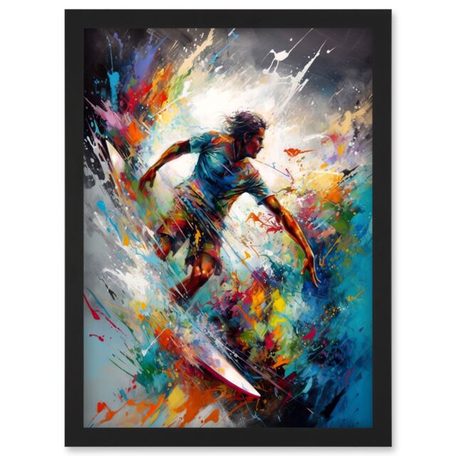 Artery8 Surfer Surfing on Rainbow Paint Splat Waves Artwork Framed Wall Art Print A4 in Black - image 1