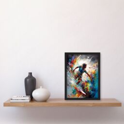 Artery8 Surfer Surfing on Rainbow Paint Splat Waves Artwork Framed Wall Art Print A4 in Black - thumbnail 2
