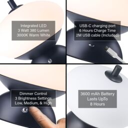 Happy Homewares Black Domed Rechargeable Touch Dimmable Table Lamp with Frosted Glass Shade - thumbnail 4