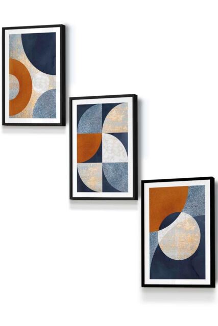 ARTZE Geometric Abstract Textured Circles in Navy Blue Orange Gold Framed Wall Art - Small in Black - Size: W33 cm x H45 cm x D20mm - image 1