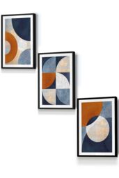 ARTZE Geometric Abstract Textured Circles in Navy Blue Orange Gold Framed Wall Art - Small in Black - Size: W33 cm x H45 cm x D20mm - thumbnail 1