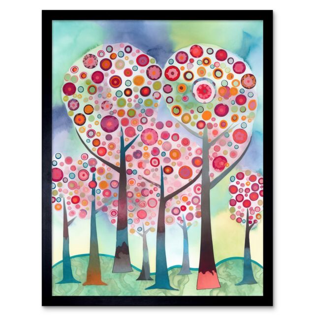 "Artery8 Wall Art Print Kandinsky Inspired Trees Blooming In Spring Folk Art Watercolour Painting Art Framed in Black - Size: W12"" x H16""" - image 1