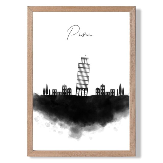 ARTZE Pisa Watercolour Skyline City Framed Print SIZE: A2 with Oak Frame in Black - Size: A3 - image 1