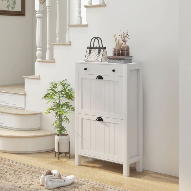 HOMCOM Narrow Shoe Cabinet with 2 Flip Drawers & Top Drawer, White - image 1