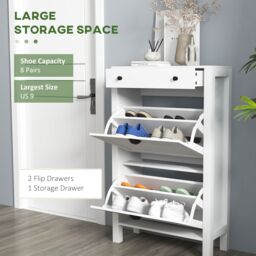 HOMCOM Narrow Shoe Cabinet with 2 Flip Drawers & Top Drawer, White - thumbnail 4