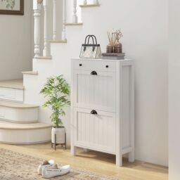 HOMCOM Narrow Shoe Cabinet with 2 Flip Drawers & Top Drawer, White - thumbnail 1