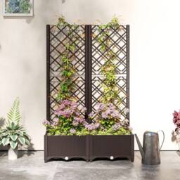 VOGREX Plastic Planter Box with Trellis, Vegetable Planter w/ Drain Plugs in Brown - thumbnail 4