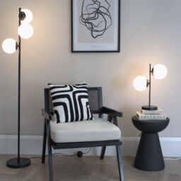 ValueLights Jas Opal White Frosted Glass Globe Shades 3 Way Floor Lamp with Bulbs in Black - thumbnail 1