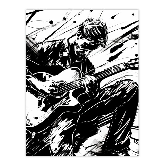 "Artery8 Guitarist Playing Guitar Black White Ink Drawing Wall Art Print - Size: W24"" x H32""" - image 1