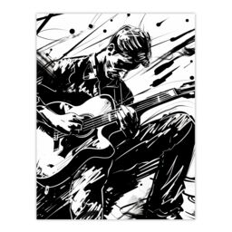 "Artery8 Guitarist Playing Guitar Black White Ink Drawing Wall Art Print - Size: W24"" x H32""" - thumbnail 1
