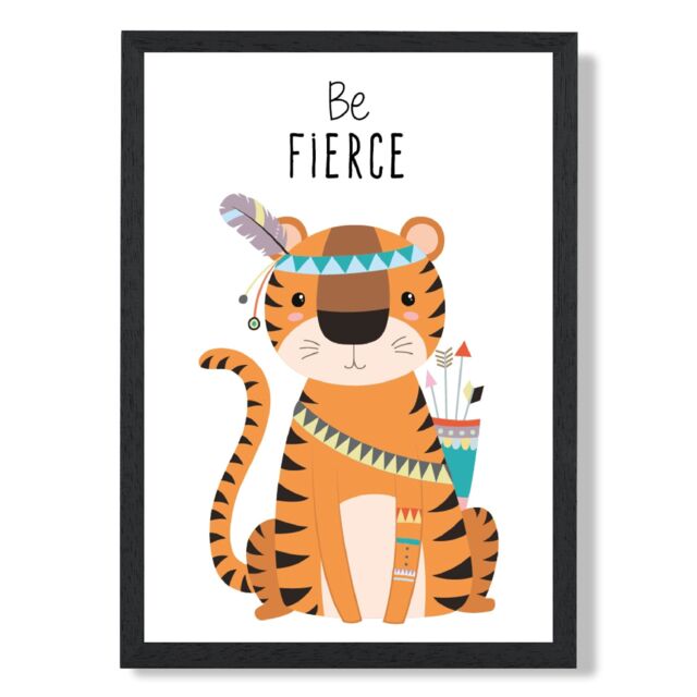 ARTZE Be Fierce Tiger Tribal Animal Quote Framed Print SIZE: A3 with Black Frame in Orange - Size: A4 - image 1