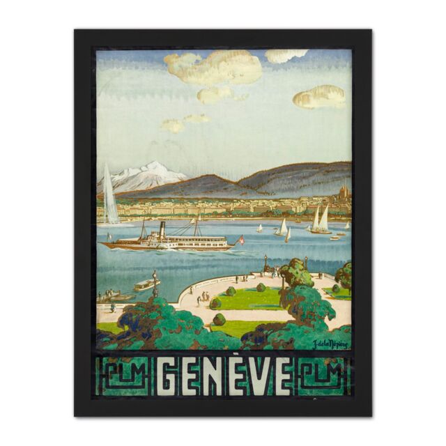 "Artery8 Wall Art Print La Neziere Lake Geneva Switzerland Travel Advert Large Framed Wall Décor Art in Brown - Size: W18"" x H24""" - image 1