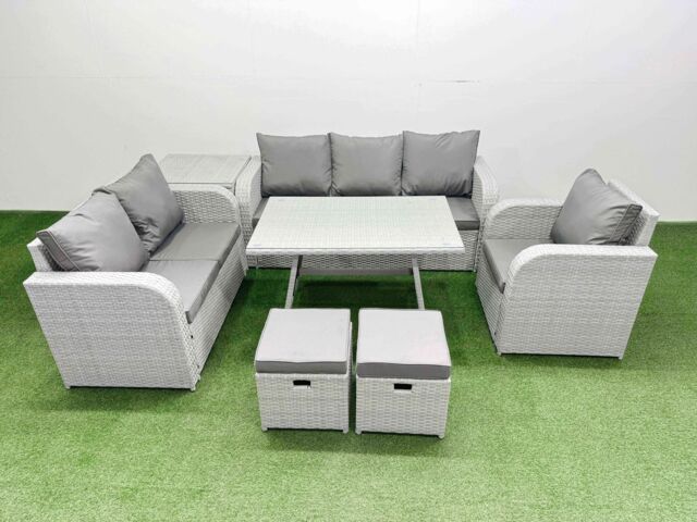 Fimous Patio Dining Table & Chairs Set with Reclining Chair 2 Small Stools in Light Grey - image 1
