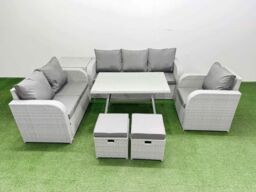 Fimous Patio Dining Table & Chairs Set with Reclining Chair 2 Small Stools in Light Grey - thumbnail 1
