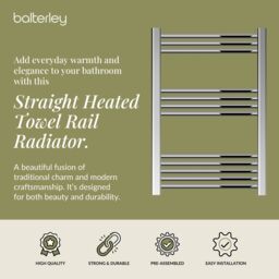 Balterley Straight Heated Towel Rail Radiator, 279W, 600 x 800mm, Chrome in Silver - thumbnail 2
