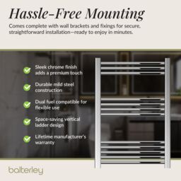 Balterley Straight Heated Towel Rail Radiator, 279W, 600 x 800mm, Chrome in Silver - thumbnail 4